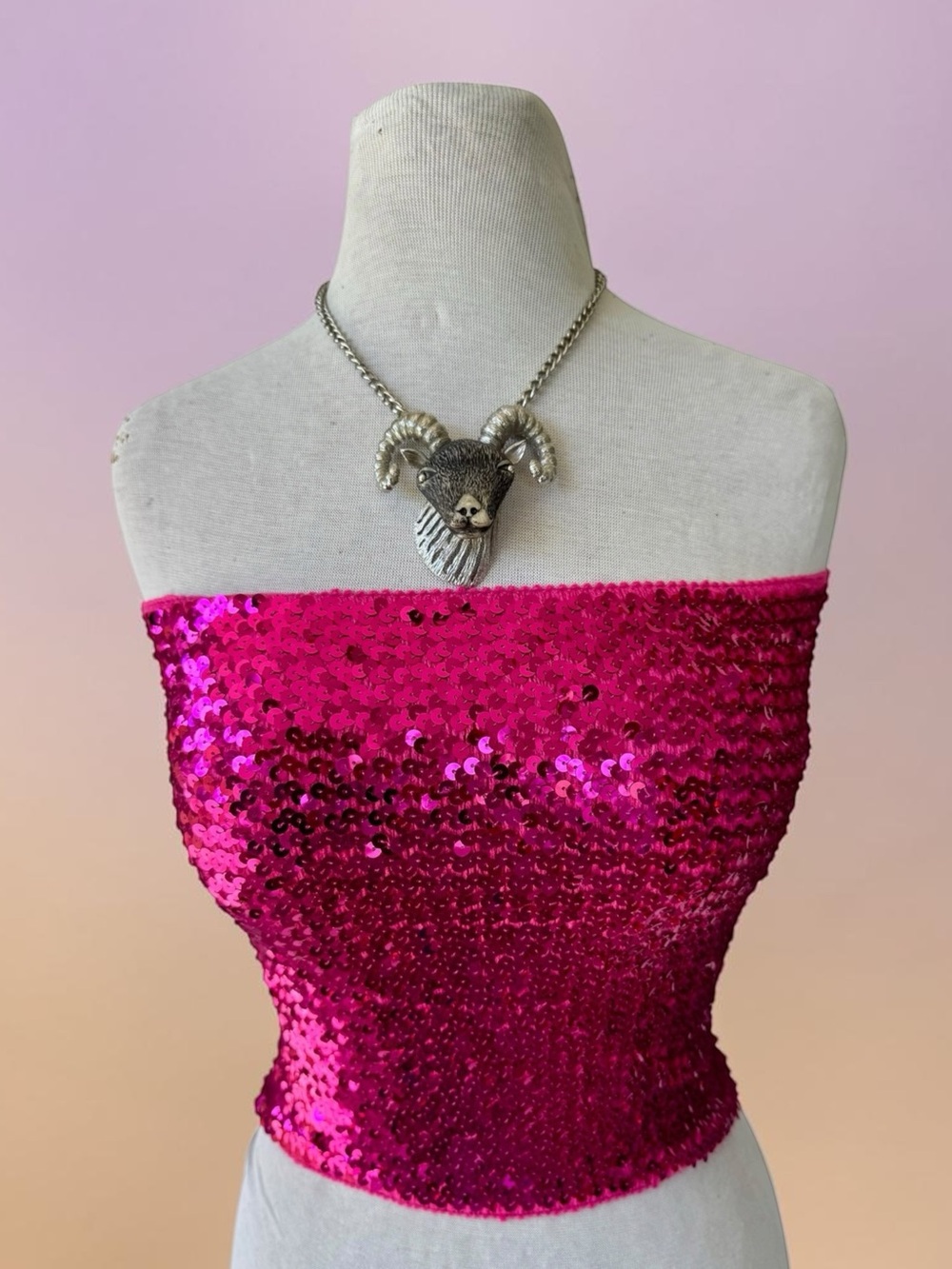 Vtg Magenta Sequin Tube Top OS Stretch Crop Party Disco Hot Pink